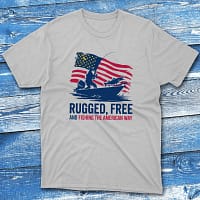 rugged, free, and fishing the american way grey Fishermen T-shirt