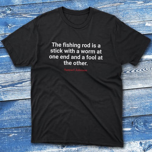 The fishing rod is a stick with a worm at one Black Fishermen T-shirt