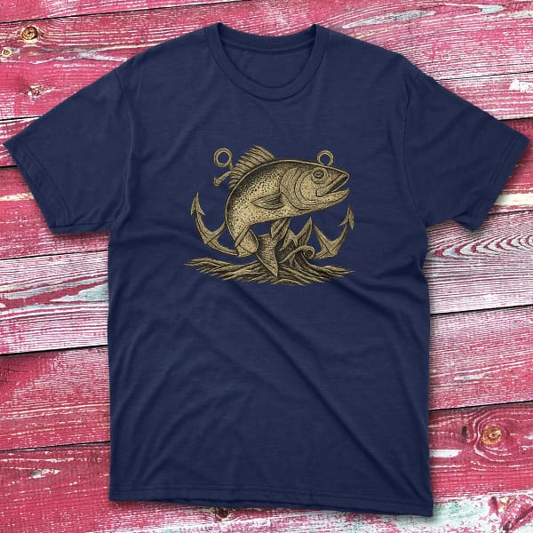 Bold Anchor Fish Illustration navy Fishing T-shirt