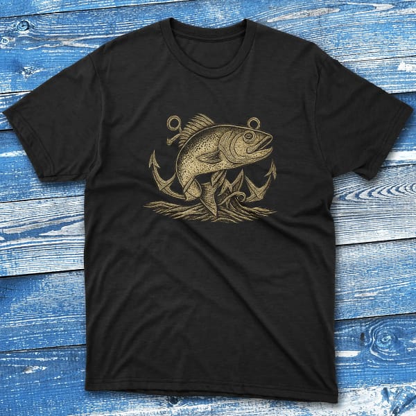 Bold Anchor Fish Illustration black Fishermen T-shirt