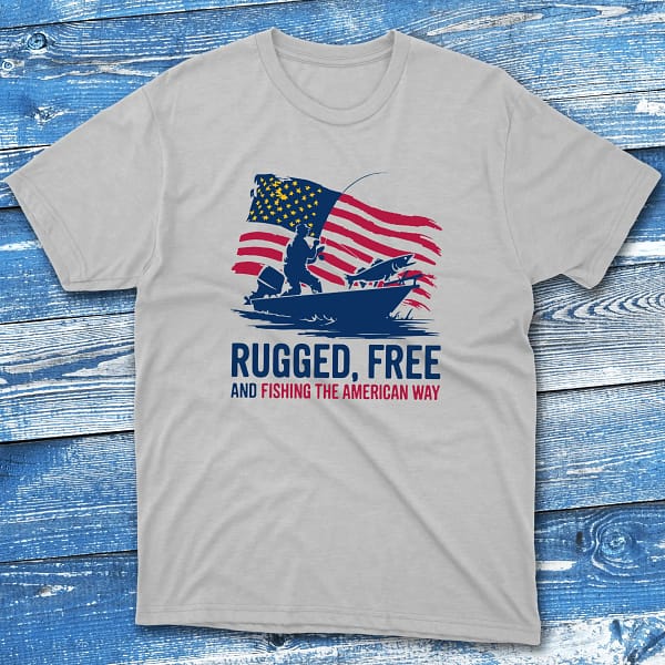 rugged, free, and fishing the american way grey Fishermen T-shirt